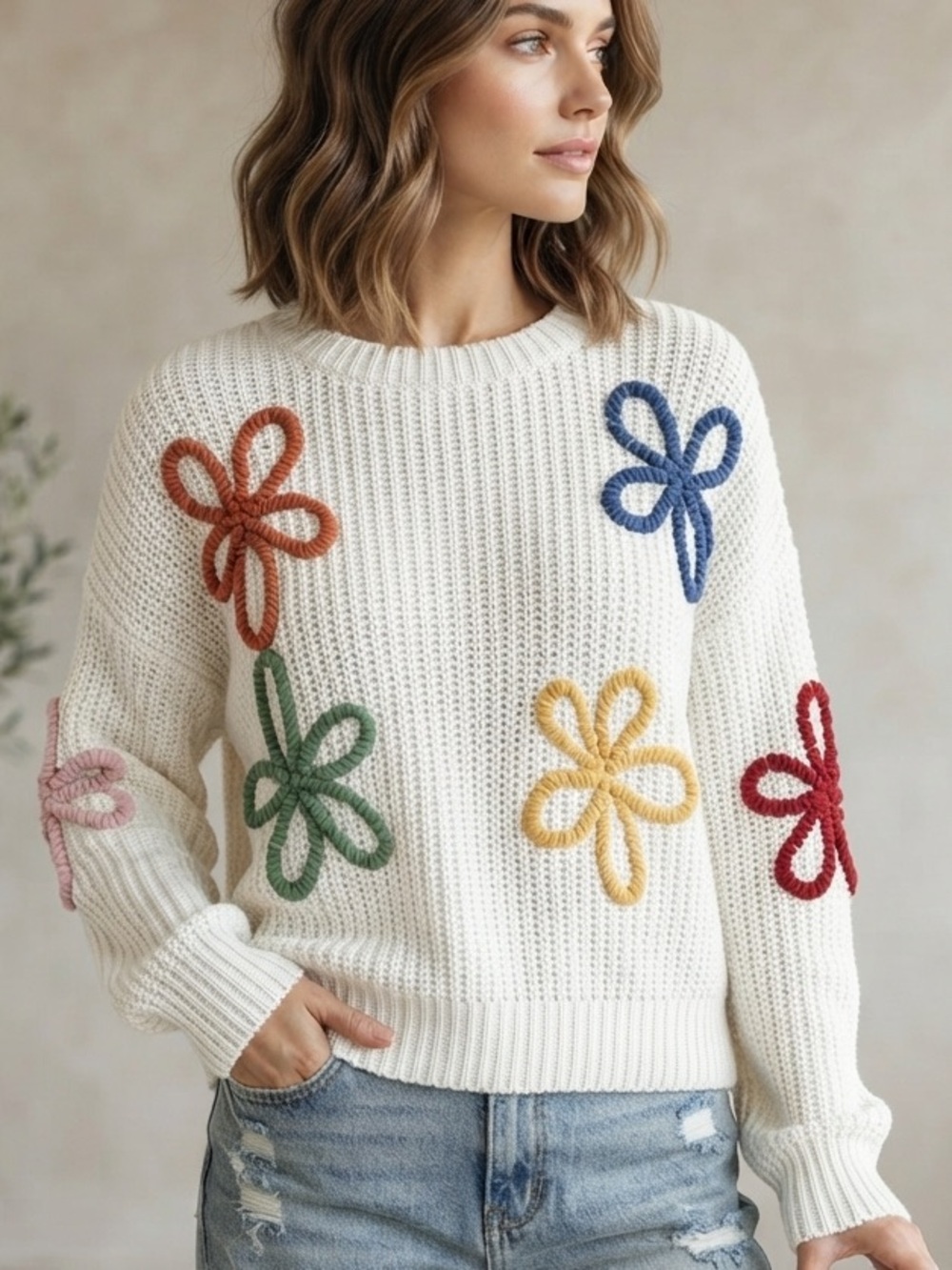 Moon & Madison Floral Appliqué Knit Sweater Size M